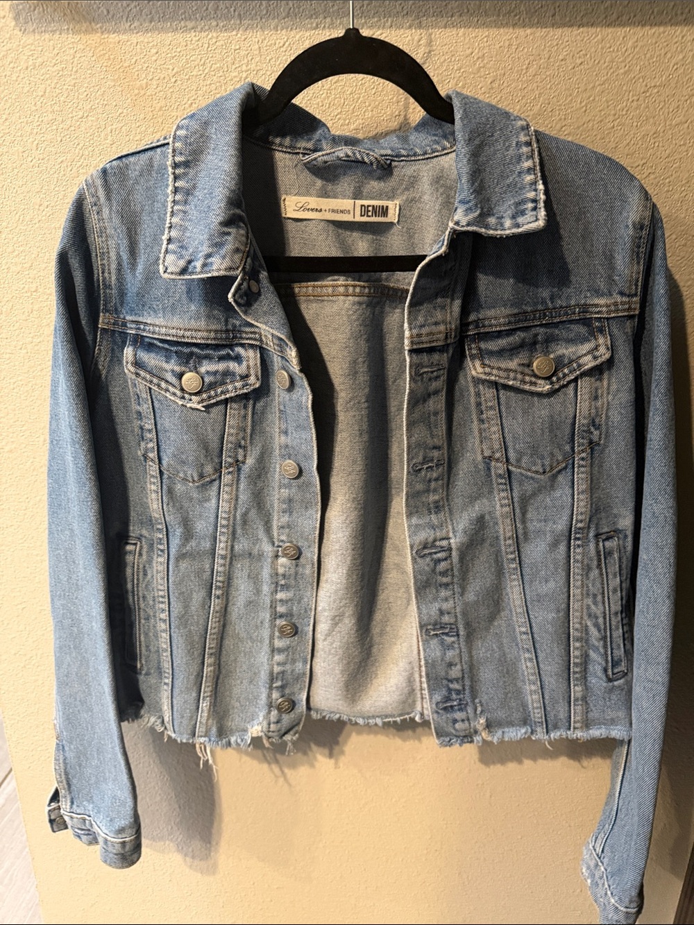 Lovers + Friends Faded Light Blue Brandon Denim Jacket with Raw Hem